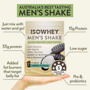 A person holds a 840g pack of IsoWhey Men's Shake Cookies & Cream, with text detailing the product features.