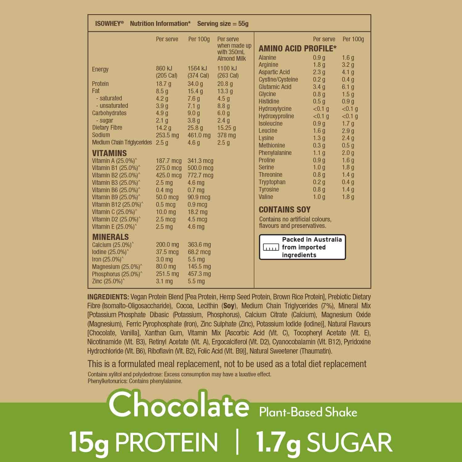 IsoWhey Plant-Based Meal Replacement Chocolate Shake 550g with nutrional information