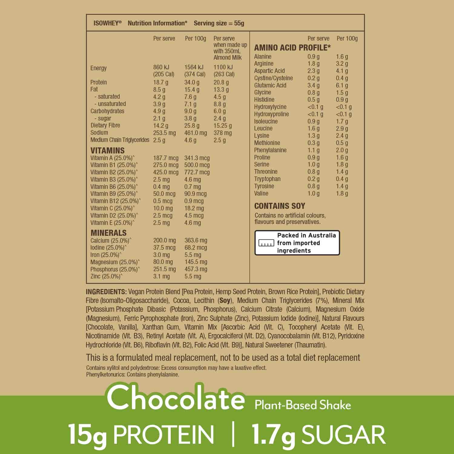 IsoWhey Plant-Based Meal Replacement Shake 550g - Chocolate Flavour, with nutritional information and ingredients