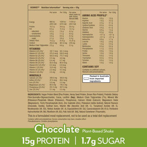 IsoWhey Plant-Based Meal Replacement Shake 550g - Chocolate Flavour, with nutritional information and ingredients