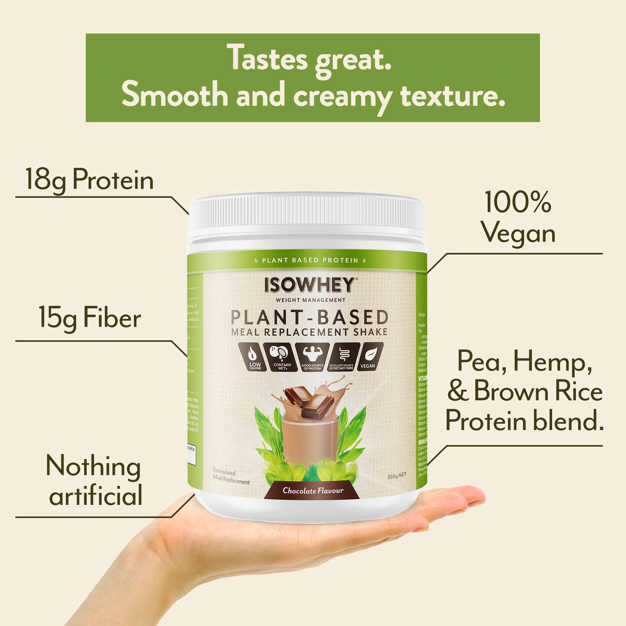 IsoWhey Plant-Based Meal Replacement Shake 550g - Chocolate Flavour, with product containing features in text details.