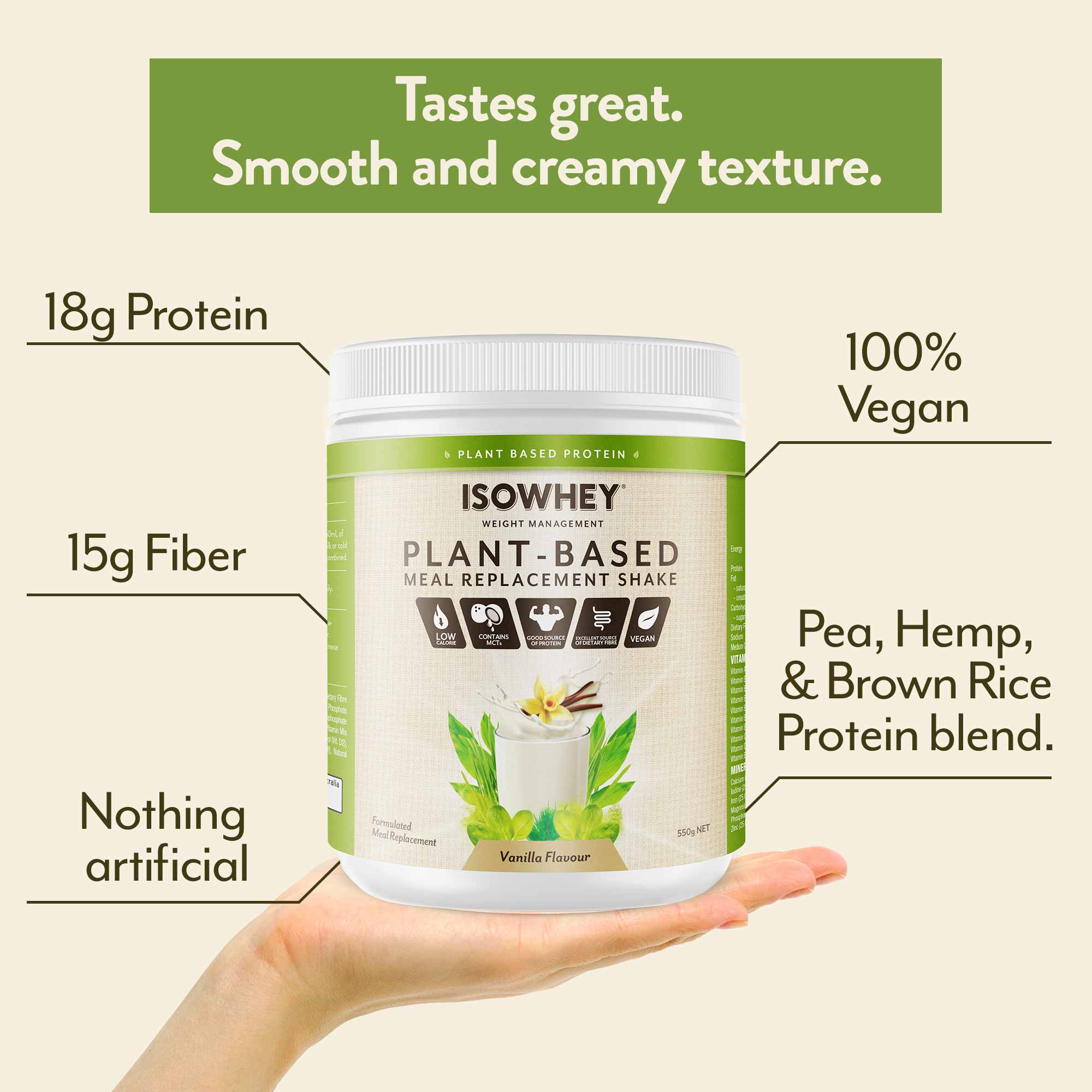 IsoWhey Plant-Based Meal Replacement Shake 550g - Vanilla Flavour, with product containing features in text details.