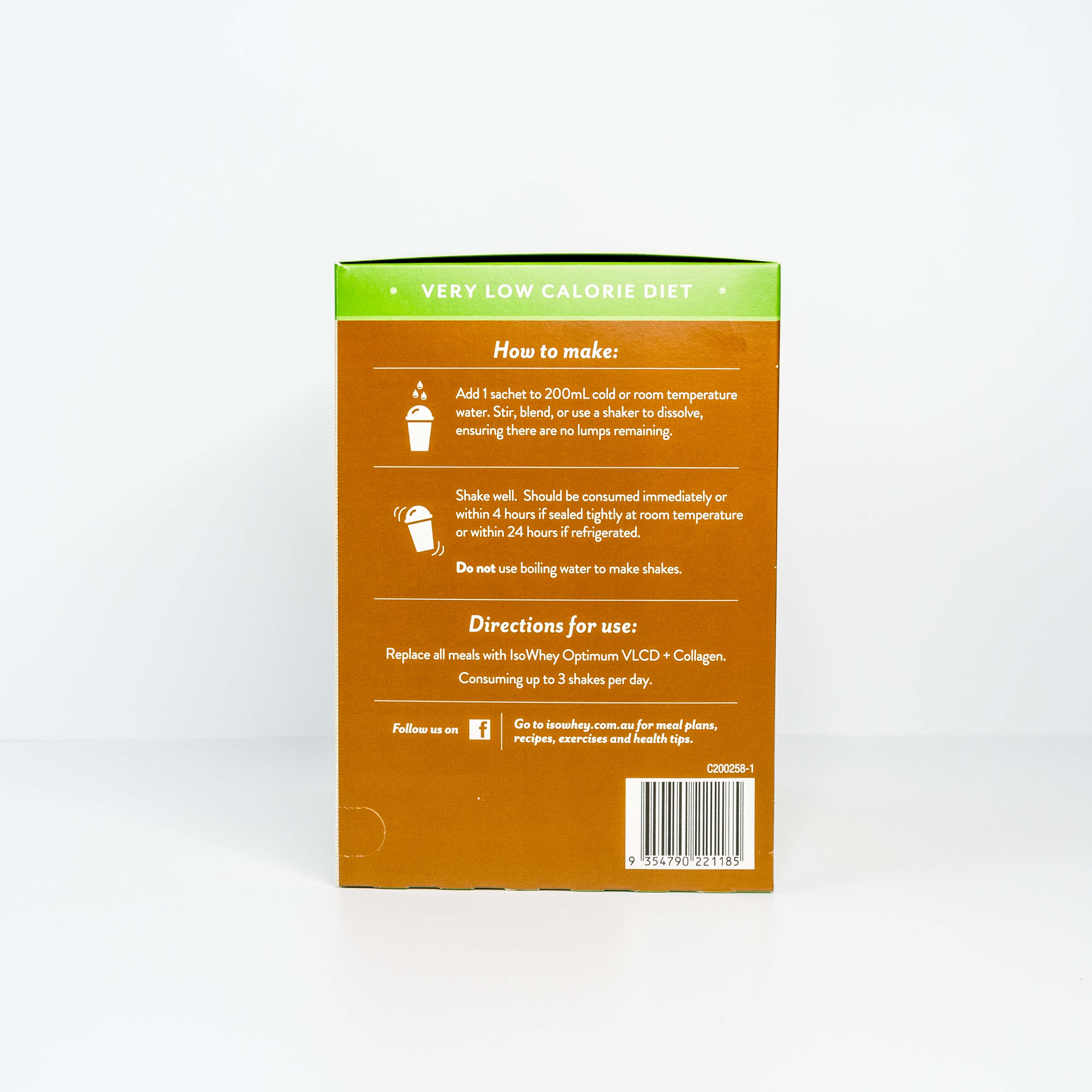 Side view of an IsoWhey's Optimum VLCD Espresso packaging showing how to use instructions