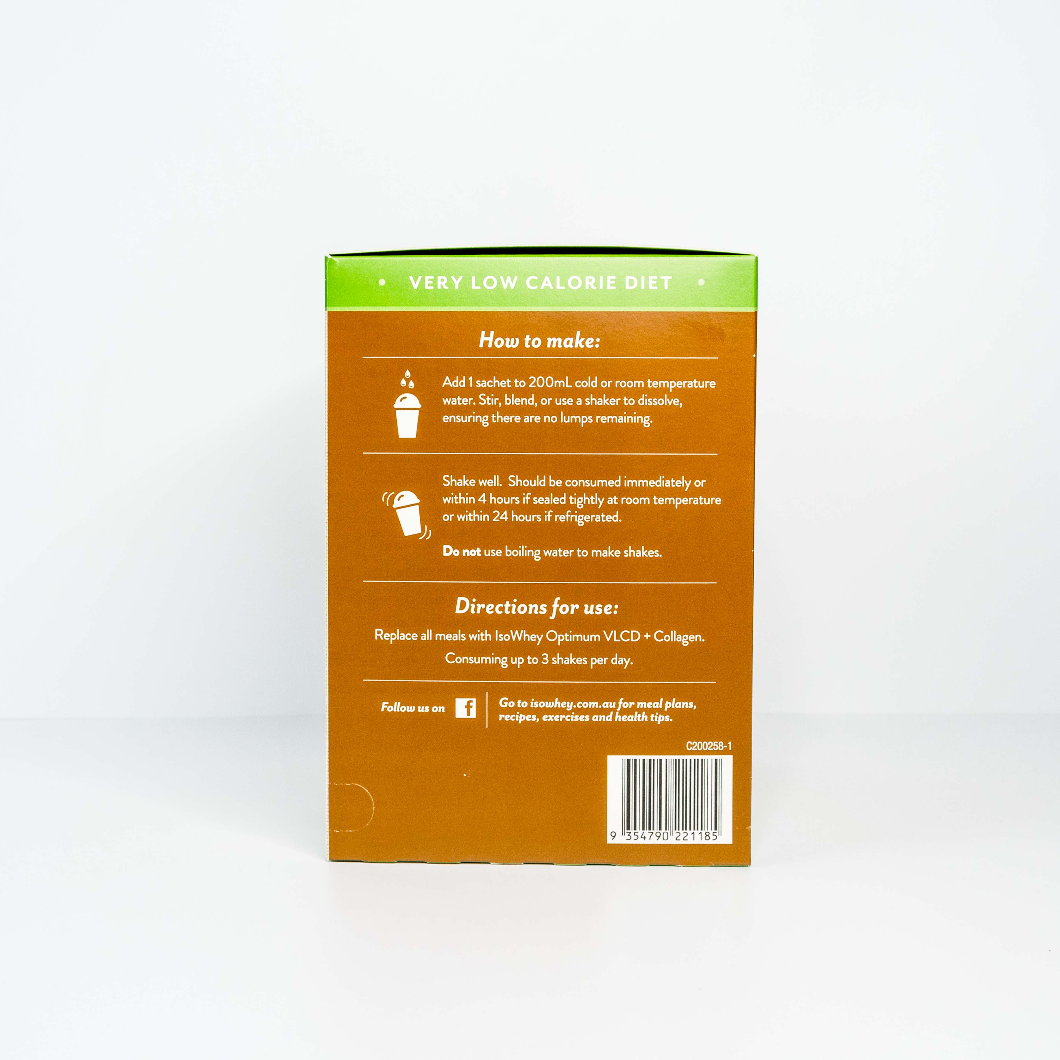 Side view of an IsoWhey's Optimum VLCD Espresso packaging showing how to use instructions