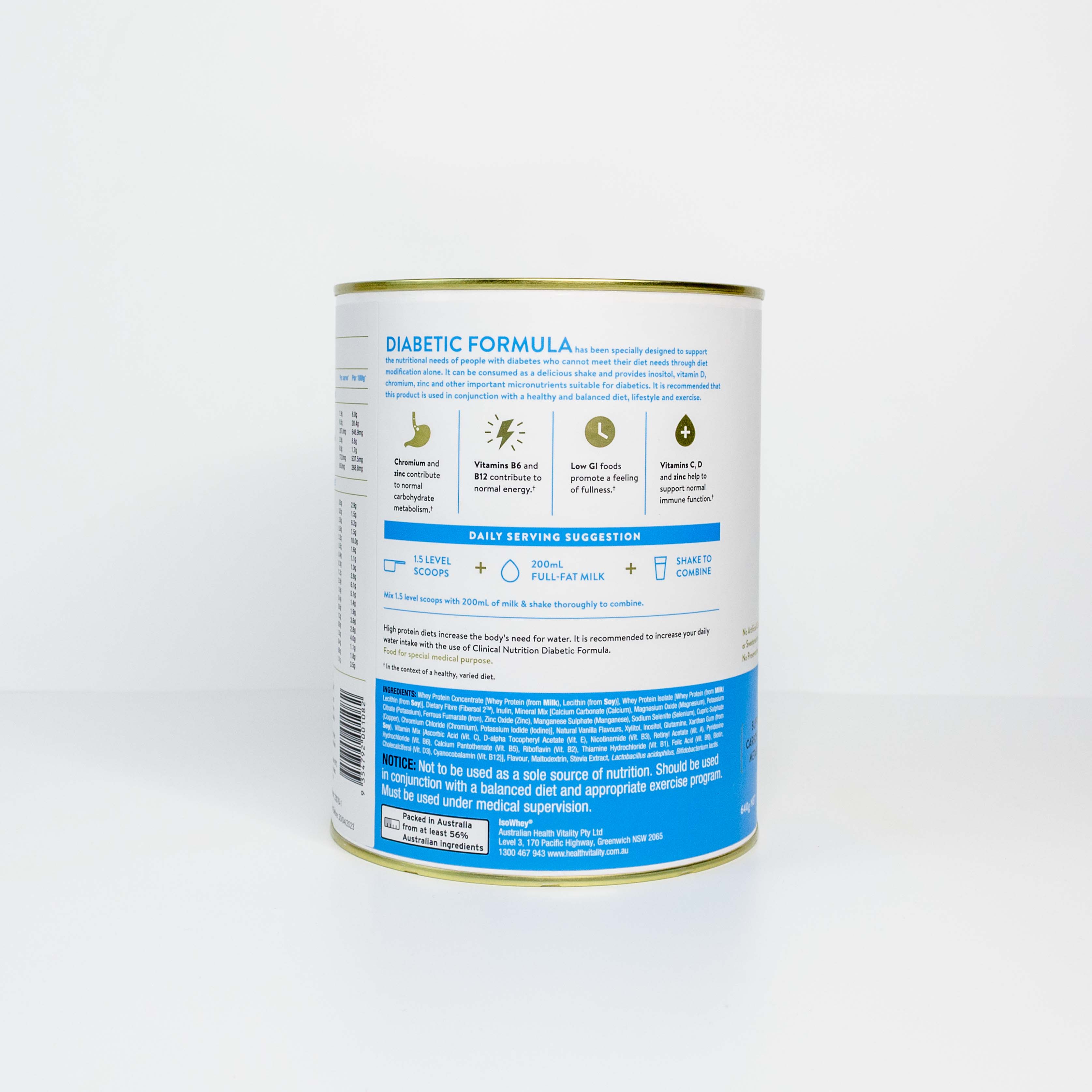IsoWhey Clinical Nutrition Diabetic Formula Vanilla 640g back of the can with nutritional information