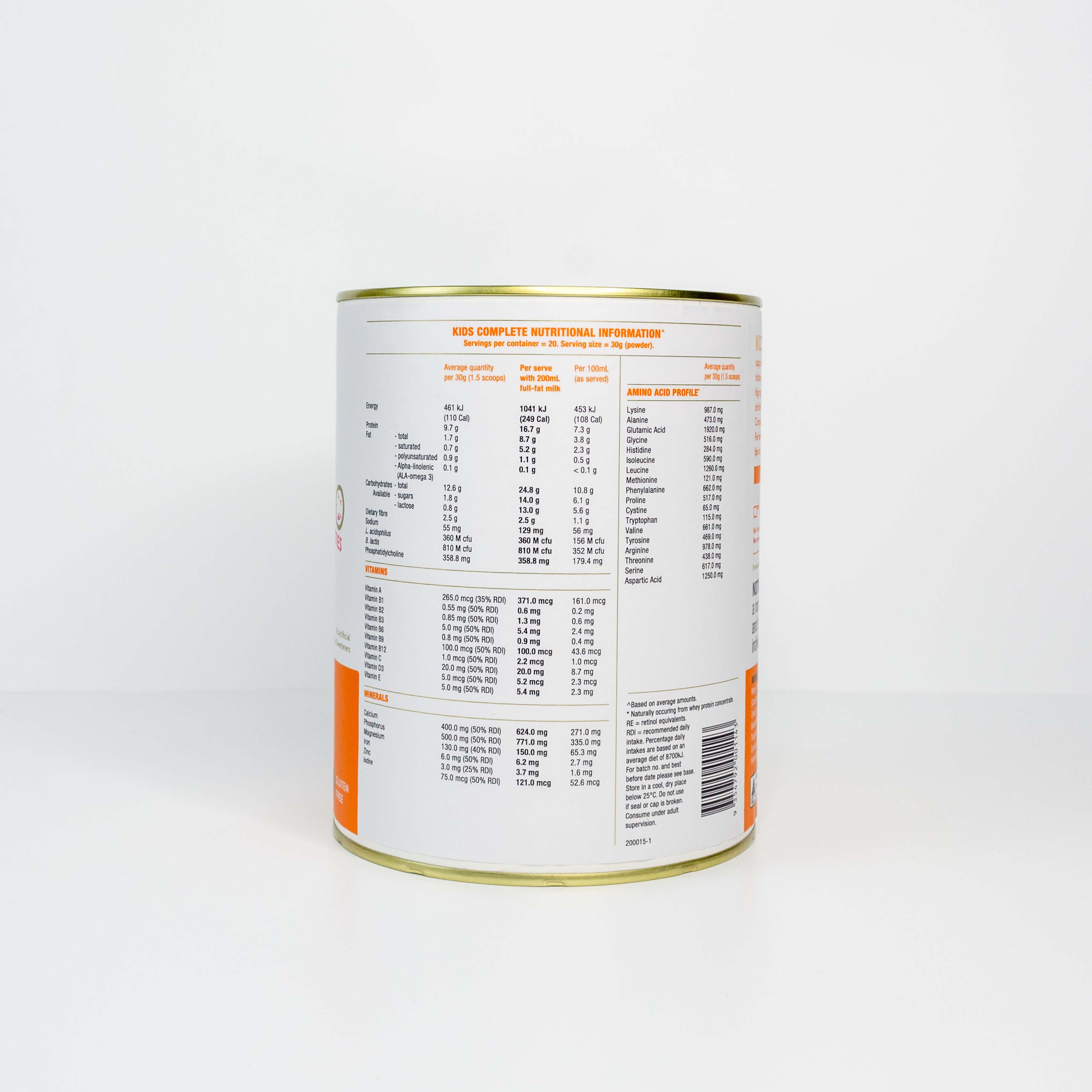 IsoWhey Clinical Nutrition Kids Complete Vanilla 600g back of can with nutritional information