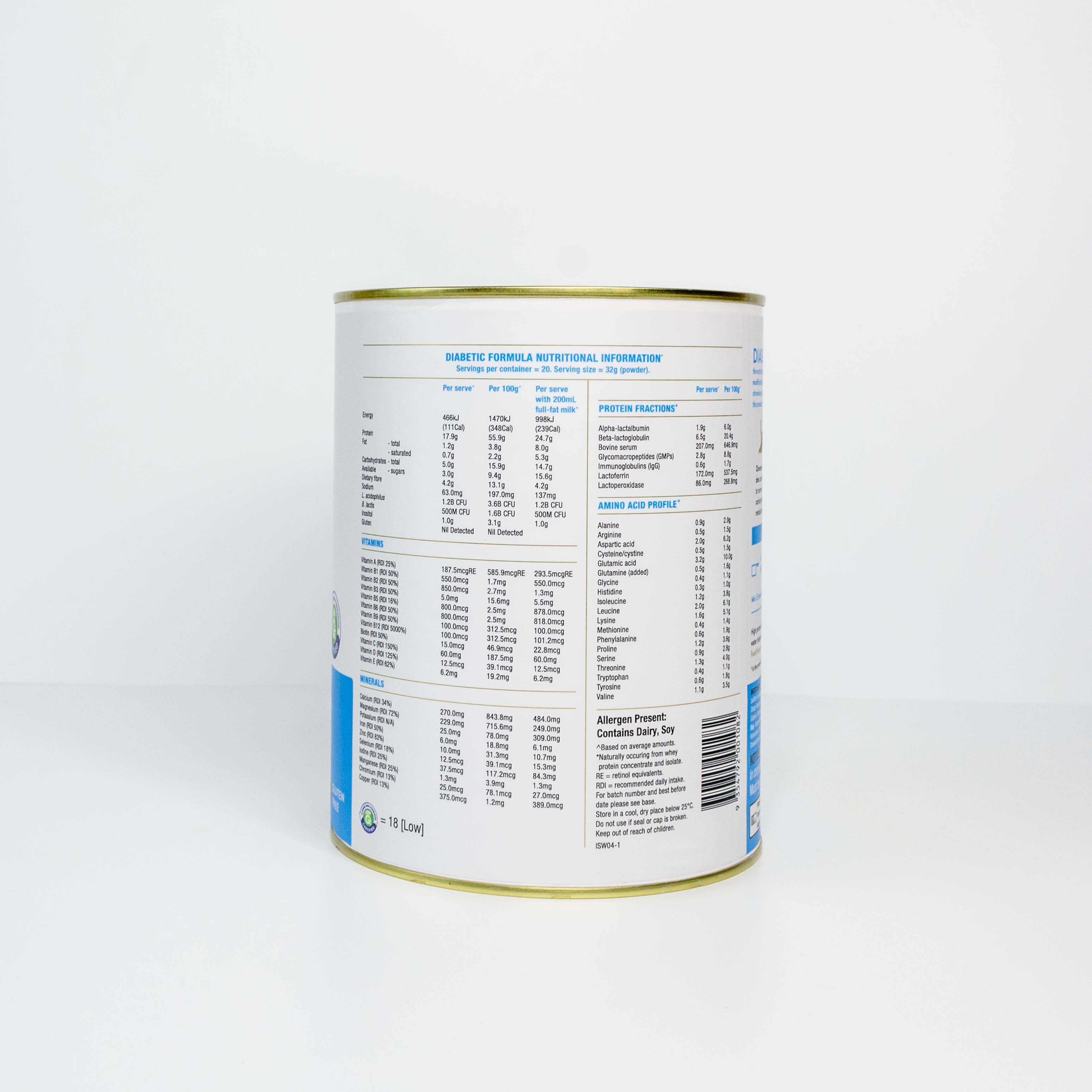 IsoWhey Clinical Nutrition Diabetic Formula Vanilla 640g back of the can